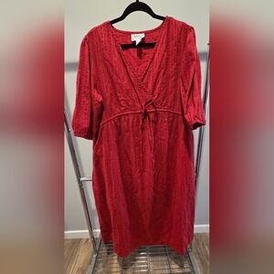 Crimson Wrap-Style Midi with Tie Waist Vintage Expressions Dress 100% Cotton